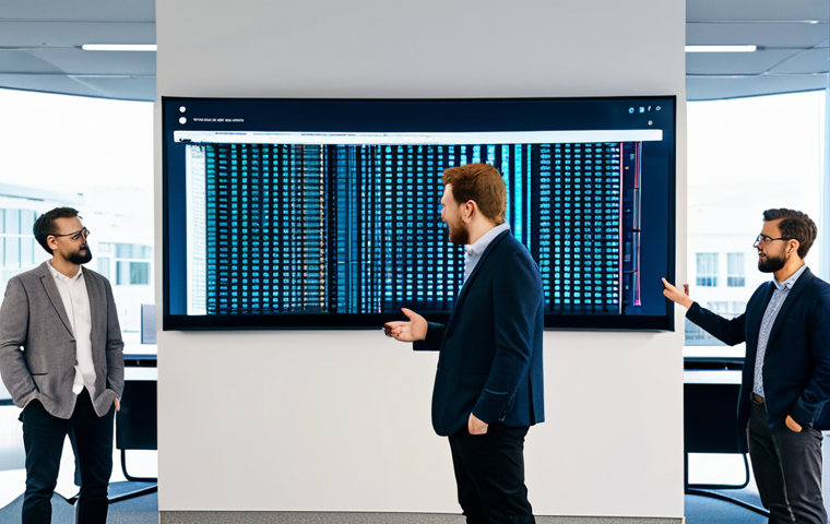 A group of professional software developers, fully clothed in modest business casual attire, standing in a modern, brightly lit open-plan office. In the background, a large digital display shows a visual metaphor: a complex, monolithic tangle of interwoven code being conceptually broken down into distinct, smaller, neatly organized, and interconnected modular blocks, representing the shift to Micro Frontend architecture. The developers are gesturing towards the display, discussing the increased clarity and efficiency. Perfect anatomy, well-formed hands, proper finger count, natural body proportions, natural pose. Professional photography, high quality, safe for work, appropriate content, family-friendly.