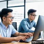 Home 20 마이크로 프론트엔드와 REST API 통합 - A modern software development team collaborating in a bright, spacious Vietnamese tech office, each ...