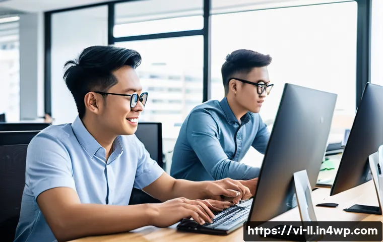 마이크로 프론트엔드와 REST API 통합 - A modern software development team collaborating in a bright, spacious Vietnamese tech office, each ...